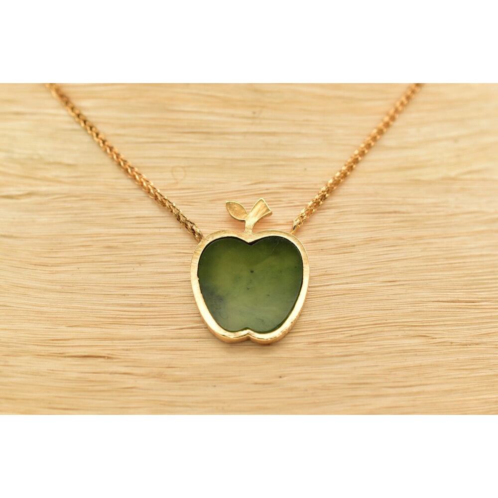 Vintage Apple Pendant Choker Necklace Green Glass Cabochon Inlay SS Signed BinK